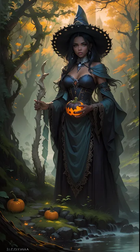 A beautiful black witch in flowing gothic garments, De pie al borde de un precipicio con vistas a un paisaje embrujado,caveira , calabaza, Their presence should generate both fear and fascination.., y el cielo de arriba debe estar lleno de apariciones espe...