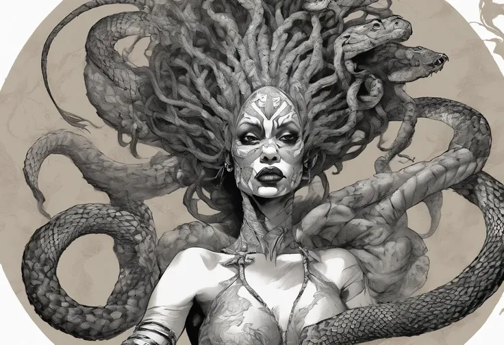 Medusa, animated film still, snake skin dress, (blue sky, golden brown desert, canyons,), (Asteroid City, Afro Samurai, Looney Tunes), hand drawn ink on paper illustration, (lamia, gorgon, snake woman hybrid, human upper-body, snake tail lower-body), fullb...