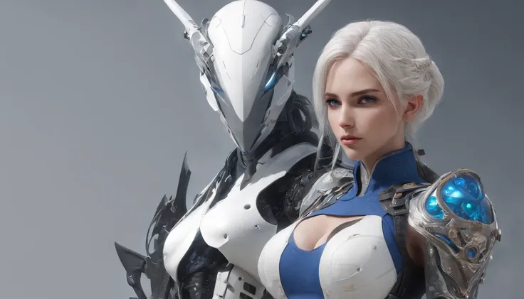 Cirilla Fiona Elen Riannon，Highest image quality，Outstanding details，超高分辨率，（Fidelity：1.4）, Favor the details，closeup cleavage，Ride a dragon，High-tech dragon knight mech，He has a delicate and beautiful face，（（Blue-white flying semi-mechanical fuselage：1.8））...