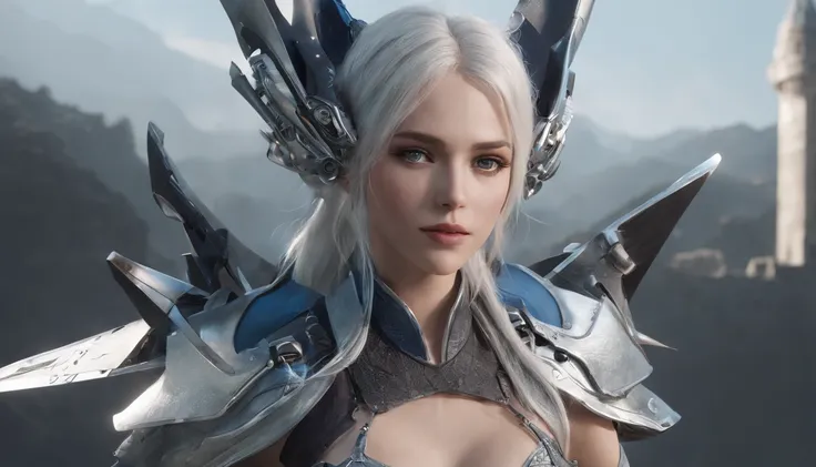 Cirilla Fiona Elen Riannon，Highest image quality，Outstanding details，超高分辨率，（Fidelity：1.4）, Favor the details，closeup cleavage，Ride a dragon，High-tech dragon knight mech，He has a delicate and beautiful face，（（Blue-white flying semi-mechanical fuselage：1.8））...