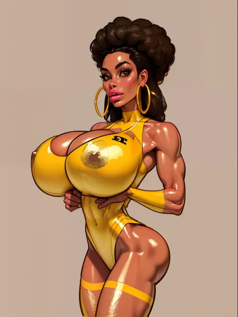 ((masterpiece)),(((best quality))),((character sheet)), ((full body view)) ((black woman)) ((afro)) ((seductive pose)) mature face, defined cheekbones, high cheekbones, illustration, girl, muscular, ((afro:1.4)), sexy bimbo, (gigantic breasts:1.7) black ha...