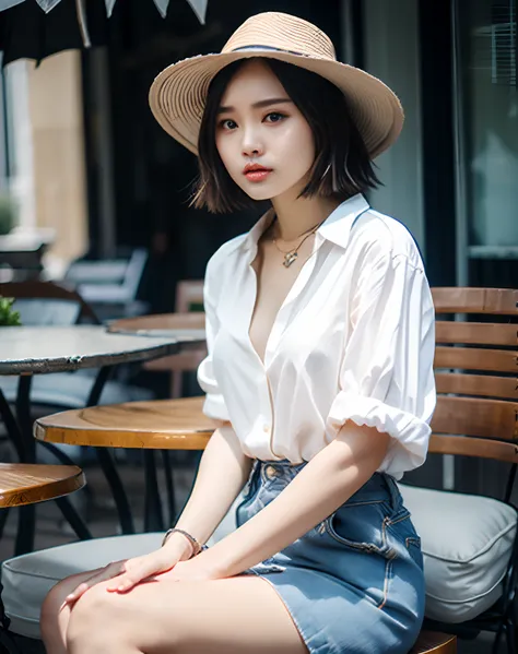 Summer barbecue、Woman sitting on chair wearing hat, fine white shirt, wearing a white button up shirt, in a white shirt, in a white shirt, Wearing a white shirt, wearing in shirt, Wearing a light shirt, digital art of an elegant, Wearing a blouse, wearing ...