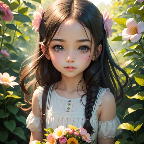 A cute little girl, detailed eyes, detailed lips, extremely detailed face, long eyelashes, beautiful, joyful, wearing a floral dress, standing in a colorful garden, surrounded by blooming flowers and lush greenery, basking in warm sunlight, with a gentle b...