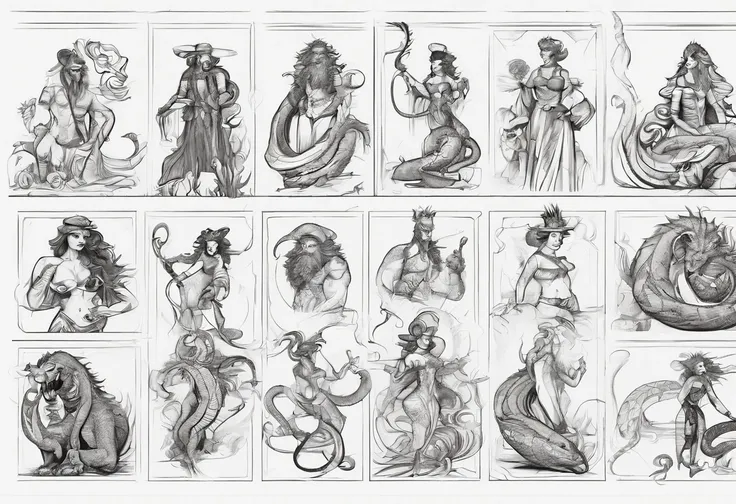 (comic art style), ink on paper, character turnaround sheet, medusa, gorgon, snakefolk, woman snake hybrid, lower body snake tail. full body portrait, masterpiece, craftsmanship nuance, color pieces, sketchbook, hand drawn, dark, gritty, realistic sketch, ...