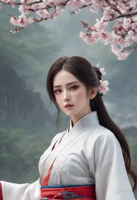 Cirilla Fiona Elen Riannon，动态照明，art  stations，poster for，Volumetriclighting，Very detailed faces，4k wallpapers，He has a delicate and beautiful face，long hair flowing，horse tailed，Fringed Hair Ornament，Dynamic perspective，White Hanfu，White gauze flying，red w...