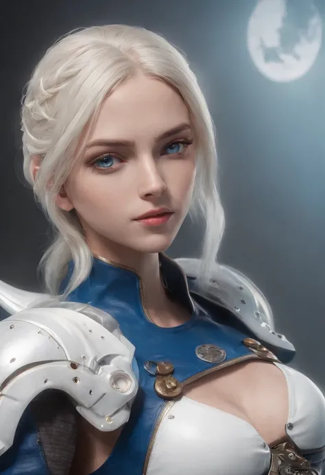 Cirilla Fiona Elen Riannon，Highest image quality，Outstanding details，超高分辨率，（Fidelity：1.4）, Favor the details，closeup cleavage，Ride a dragon，High-tech dragon knight mech，He has a delicate and beautiful face，（（Blue-white flying semi-mechanical fuselage：1.8））...