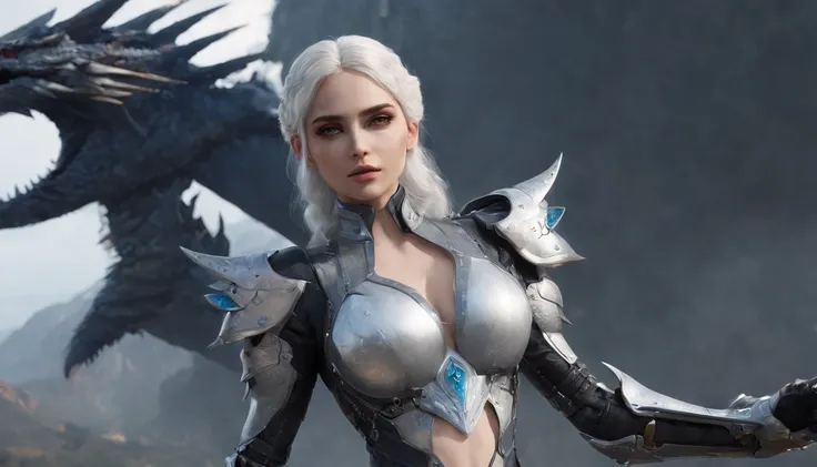 Cirilla Fiona Elen Riannon，Highest image quality，Outstanding details，超高分辨率，（Fidelity：1.4）, Favor the details，closeup cleavage，Ride a dragon，High-tech dragon knight mech，He has a delicate and beautiful face，（（Blue-white flying semi-mechanical fuselage：1.8））...