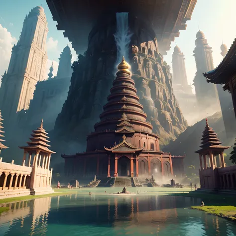 Super huge temple，Mysterious world，ＳＦart by，planet earth，Super Ancient City，Buddha，​masterpiece，Huge construction，超A high resolution，Skyscrapers，huge waterfall，