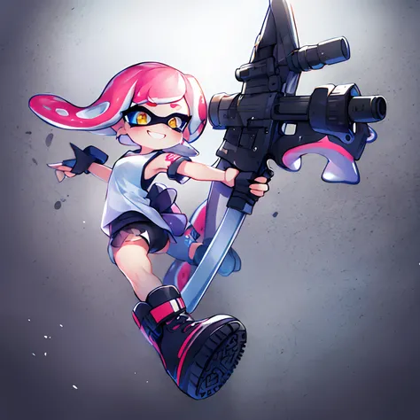 Drawing of a girl with a bow - a sling、with splatoon style, video game fanart, With a tattoo of a squid,  Splatoon 3, high quality fan art, squid、hiquality、Super fancy colorful splatter ink background