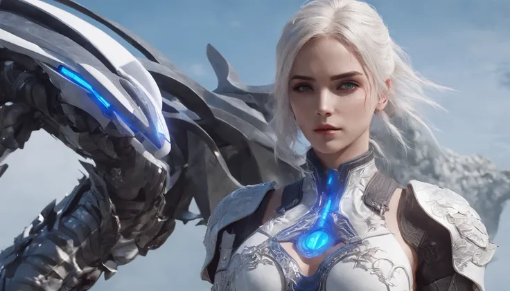 Cirilla Fiona Elen Riannon，Highest image quality，Outstanding details，超高分辨率，（Fidelity：1.4）, Favor the details，closeup cleavage，Ride a dragon，High-tech dragon knight mech，He has a delicate and beautiful face，（（Blue-white flying semi-mechanical fuselage：1.8））...