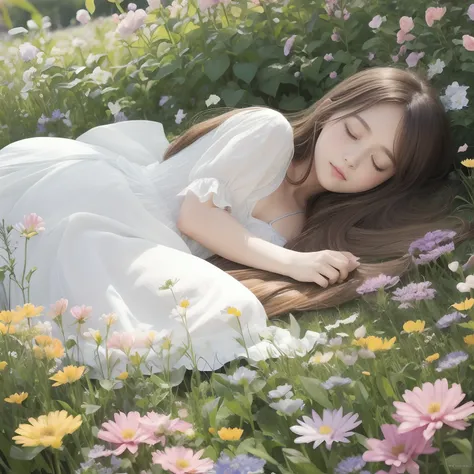 Under the gentle sunshine、Create a beautiful illustration of a long-haired girl sleeping in the center of a flower garden. Her hair should be fluttering in the wind, vivid flowers々Surrounded by. Illustrations must be high resolution, with exquisite details...