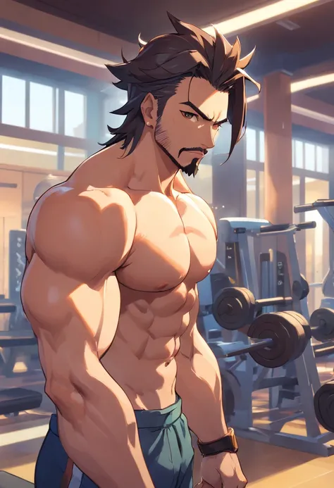 Hanzo Overwatch working out in a bodybuilding gym, well-defined muscles, focus in muscles, detailed biceps and triceps, cabelo perfeito, rosto perfeito, perfect hands, dedos perfeitos