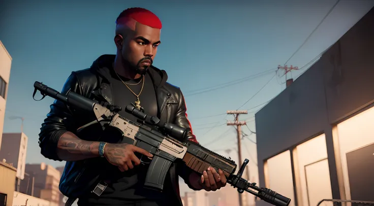 Kanye West em GTA v, gta5 estilo, tom de pele negro ,corte de cabelo vermelho.