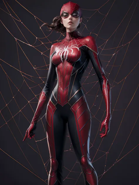 skinny spider girl superhero,  red and white suit, Rendered in stunning 24k resolution, every intricate detail of her spidy superhero life on display, a symbol of her unwavering faith and courage.