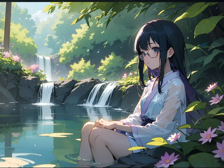 [Anime 1.5], [Oshi no ko 1.5], [Ai Hoshino 1.5], Ai hoshino, purple swimsuit, swimming in pond, waterfalls and flowers, Butterflies, beautiful and highly detailed scenery, perfect posture, glasses, ribbons, ancient see through robe, elegant