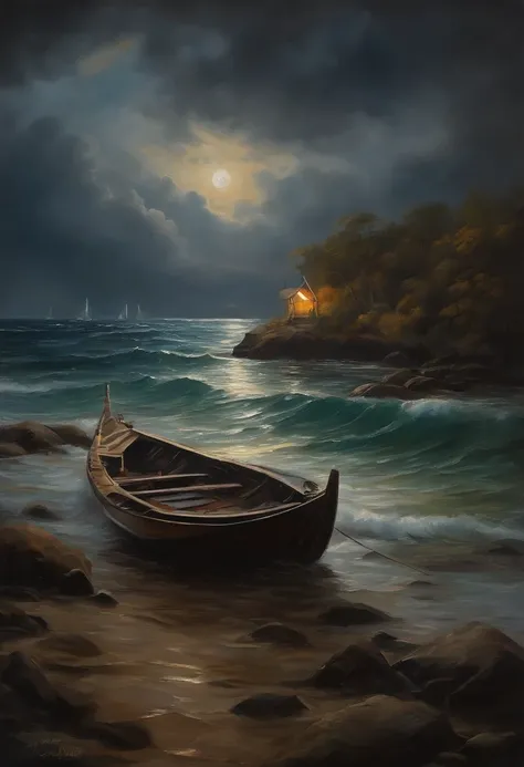 Real picture（（Oil paints ））Landscape painting,acrycle painting，Brush strokes，With unparalleled realism,ultrawide,ominous skies,Sail ships,Wooden boats,Lotus,Huge waves,Starry night,Harry Potter,voluminetric lighting,Clearing,Realistic,james gurney,art  sta...