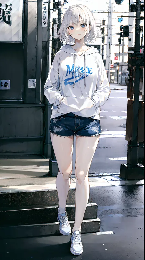 masterpiece1.2),best quality))),1 girl , adult, messy hair,short hair,white hair,wolfcut,blue eyes,white hoodie,shorts , , top h...