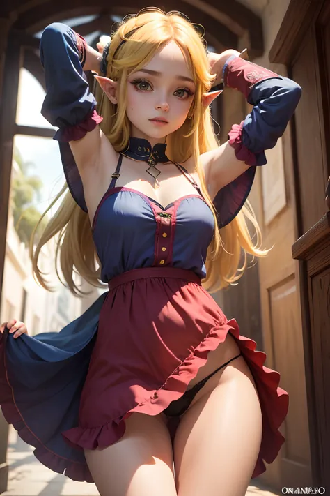 Zelda, cabello amarillo, vampiro, vestido pantalon corto, armpits, ojos azules, cabello en cola, panties, vestido verde, hermosa princesa, ombligo, bragas.