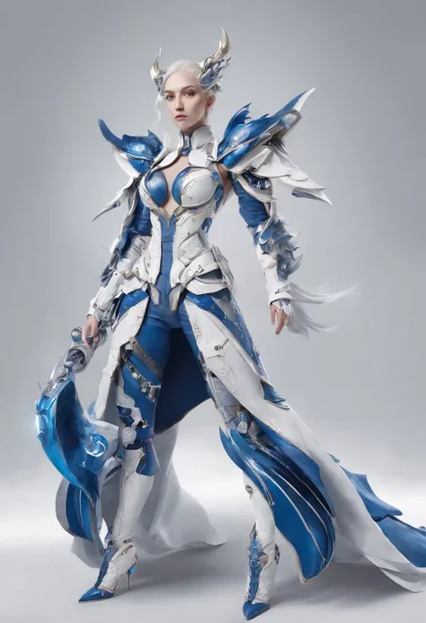 Luna Freya Knox Frey，Highest image quality，Outstanding details，超高分辨率，（Fidelity：1.4）, Favor the details，closeup cleavage，Ride a dragon，High-tech dragon knight mech，He has a delicate and beautiful face，（（Blue-white flying semi-mechanical fuselage：1.8）），Raise...