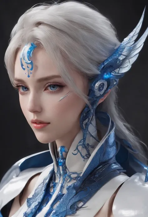 Luna Freya Knox Frey，Highest image quality，Outstanding details，超高分辨率，（Fidelity：1.4）, Favor the details，closeup cleavage，Ride a dragon，High-tech dragon knight mech，He has a delicate and beautiful face，（（Blue-white flying semi-mechanical fuselage：1.8）），Raise...