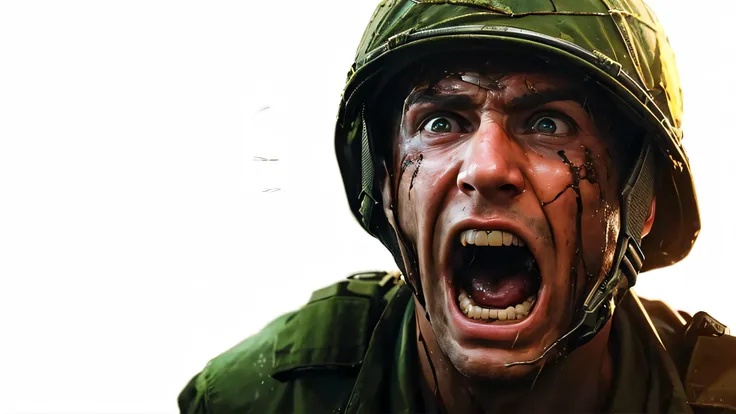 um close up de um homem de capacete com o rosto ensanguentado, irritado 8 k, foto de retrato em close-up, fotografia de combate, menacingly, epic portrait of menacing, soldado sob fogo pesado, intense screaming expression, Zombie attack during WW2, an angr...