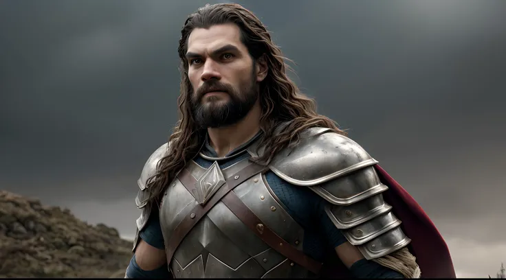 "imagem de um homem montado em um cavalo em um campo, Jason momoa como um guerreiro romano, Henry Cavill como um guerreiro, Henry Cavill como Arthas Menethil, Henry Cavill como um deus grego, jason momoa as assyrian, henry cavill is a greek god, filme de f...