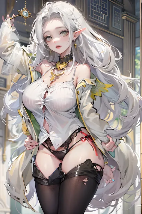 Charming，whaite hair，long  white hair，Broken and rotten shirts，Broken and rotten shirts，Extra short ripped jeans，White stockings，Mrs. hairstyle，a matural female，Tied up with hair，Delicate earrings，a crystal pendant，Bend over，A plump chest，比基尼，Erotic linger...