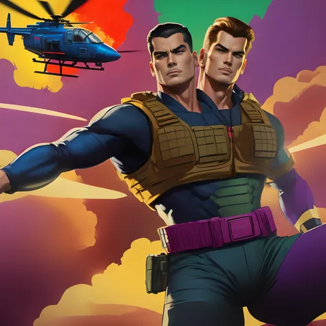 (((2heads)))Evil GI JOE in the style of 1980s GI Joe cartoon, very colorful, explotion and helicopters in background