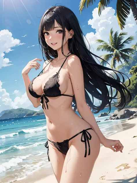 a girl in a lace bikini, wet body, medium breasts, flirtatious and cheerful look, very well detailed, beach landscape, long black hair, photorealistic image.