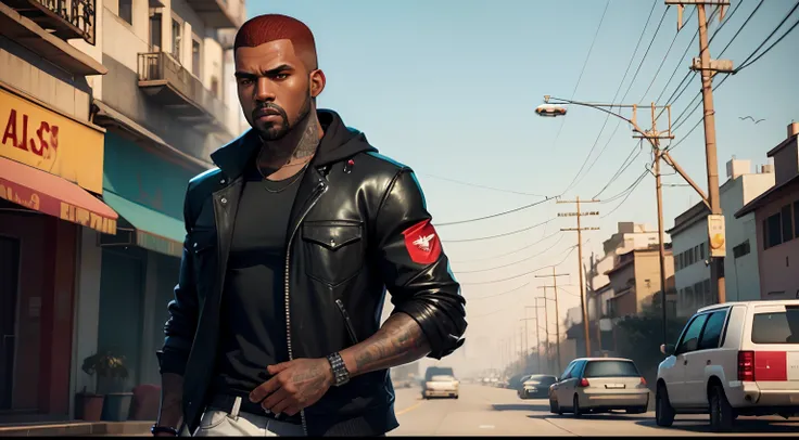 A lonely man, Tatuado, red hair, pele negra,corte vermelho, gta personagem, Como o protagonista de GTA 5, gta v estilo, Kanye West em GTA v, gta5 estilo, gta v personagem, empunhando fuzil de assalto, rifle in hand, Fuzil AK -47, slum scenery.