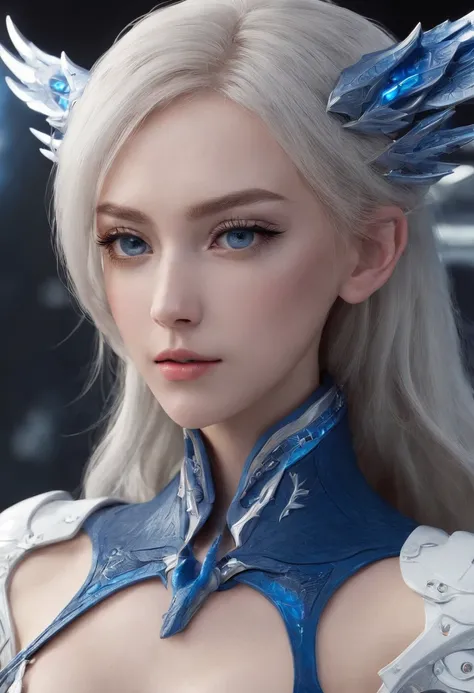 Luna Freya Knox Frey，Highest image quality，Outstanding details，超高分辨率，（Fidelity：1.4）, Favor the details，closeup cleavage，Ride a dragon，High-tech dragon knight mech，He has a delicate and beautiful face，（（Blue-white flying semi-mechanical fuselage：1.8）），Raise...