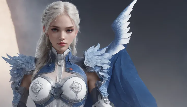 Luna Freya Knox Frey，Highest image quality，Outstanding details，超高分辨率，（Fidelity：1.4）, Favor the details，closeup cleavage，Ride a dragon，High-tech dragon knight mech，He has a delicate and beautiful face，（（Blue-white flying semi-mechanical fuselage：1.8）），Raise...