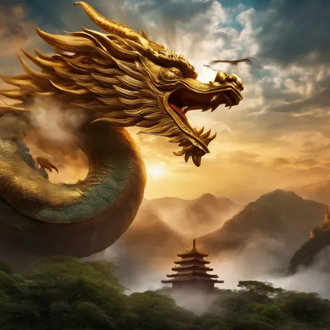 Buddha and dragon fight（fo：1.3）,a cassock,Dharma,Like the palm of the Buddha,The Chinese White Divine Dragon soared into the air，（Buddha manipulates dragons：1.3），（Buddha turned his back to the camera：1.3），Sky clouds surround the surroundings，Light magic，Fa...