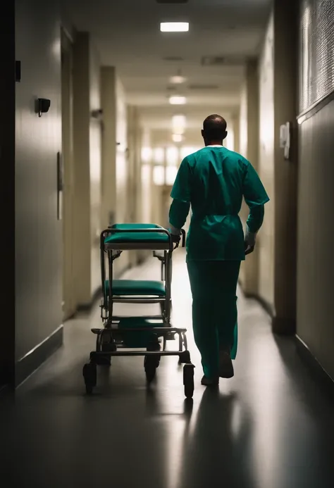 Lone doctor walking on his back (((corredor escuro de um hospital))), ((homem sozinho)), ((hospital)), Fundo da imagem escurecido, imagem escura, imagem sombria, imaagem dark, 4k, personagem centralizado, escurecido, caminhando para a luz no fim do corredo...