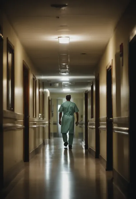 Lone doctor walking on his back (((corredor escuro de um hospital))), ((homem sozinho)), ((hospital)), Fundo da imagem escurecido, imagem escura, imagem sombria, imaagem dark, 4k, personagem centralizado, escurecido, caminhando para a luz no fim do corredo...