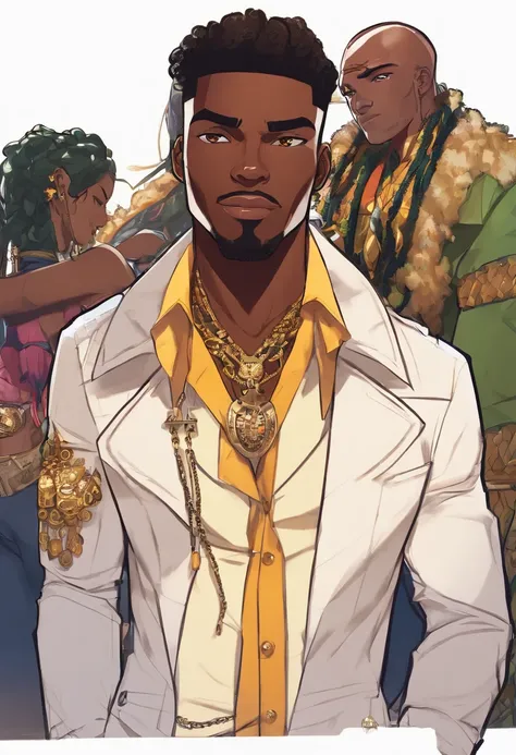 a close up of a dark skin person wearing fancy clothing consisting a jaguar spotted brown jacket, white tank top underneath jacket, dark gray jeans with a black belt on his waist, brown shoes with golden toe caps. He also wears two golden chain necklace in...