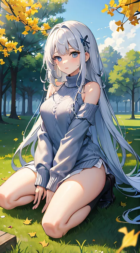 a park、In a row of ginkgo trees、Colored leaves、Silvery hair、Long、Blue eyes、Im skinny、Sweater fluffy knitted dress、Beautuful Women、Kneeling、Open your crotch、Bare crotch、vagina、look from down、Glowing skin、Love juice wetting、Love juice dripping、love doll、