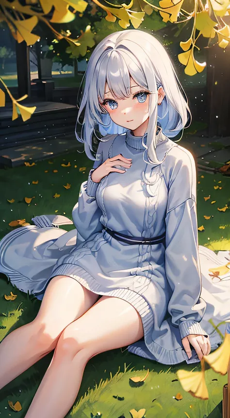 a park、In a row of ginkgo trees、Colored leaves、Silvery hair、Long、Blue eyes、Im skinny、Sweater fluffy knitted dress、Beautuful Women、sitting down on the floor、Open your crotch、Bare crotch、vagina、look from down、Glowing skin、Love juice wetting、Love juice drippi...