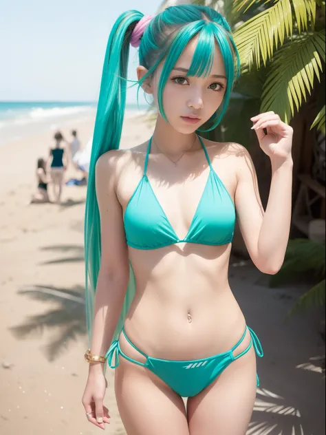 20 years girl,masutepiece , Best Quality,Nahida(GenshinImpact) ,Two girls, Very skinny,tiny chest,Long hair ,Side Ponytail, Hair Ornament ,Street, White hair , Green hair , hand behind head:1.5,multicolored hair, elf ,A beach crowded with people,Skinny Leg...