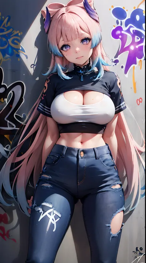 Sangonomiya Kokomi|genshin impact, master-piece, bestquality, 1girls,25 years old, shorts jeans, oversized breasts, ,bara, crop top, shorts jeans, choker, (Graffiti:1.5), Splash with purple lightning pattern., arm behind back, against wall, View viewers fr...