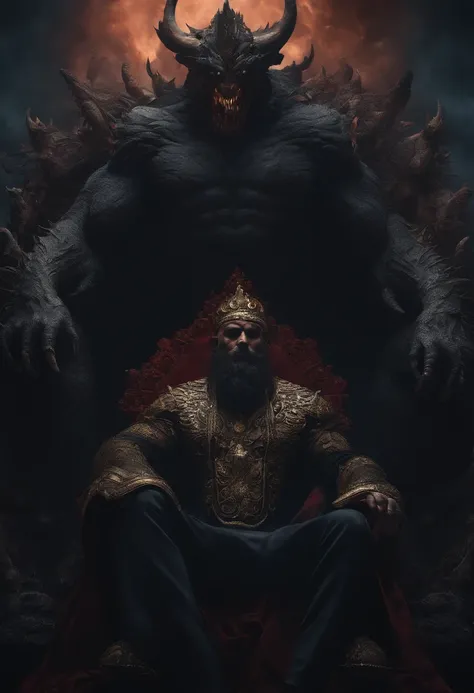 A monster that represents all the darkness and fear in the world, sitting on a throne of bodies