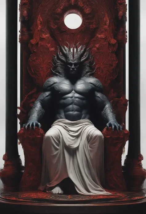 A monster that represents all the darkness and fear in the world, sitting on a throne of bodies