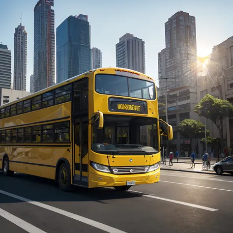 (best quality,4k,highres),realistic,modern one-floor electric yellow school bus, american style in sao paulo,illustration,detail...