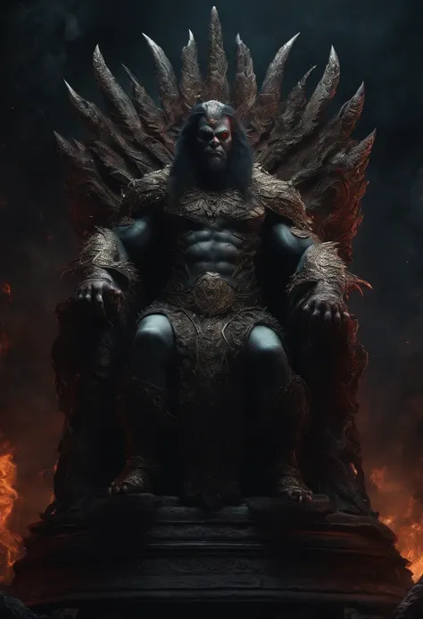 A monster that represents all the darkness and fear in the world, sitting on a throne of bodies