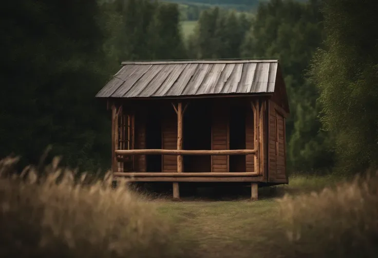 Wooden hut in the middle of the field