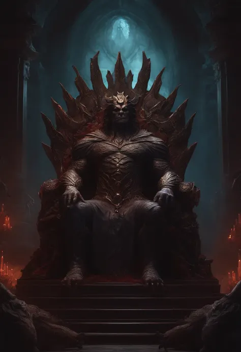 A monster that represents all the darkness and fear in the world, sitting on a throne of bodies