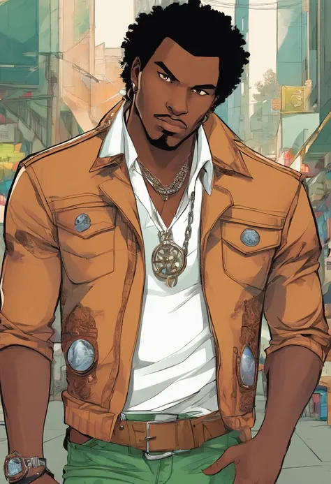 a close up of a dark skin person wearing a brown jacket((jaguar spotted texture)), white tank top underneath jacket, dark gray jeans with a black belt on his waist,He also wears two golden chain necklace in his neck and a long necklace with three black rou...