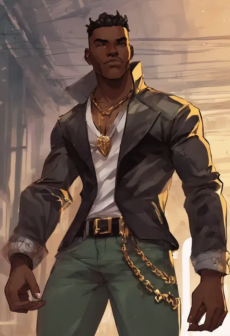 a close up of a dark skin person wearing a brown jacket((jaguar spotted texture)), white tank top underneath jacket, dark gray jeans with a black belt on his waist,He also wears two golden chain necklace in his neck and a long necklace with three black rou...