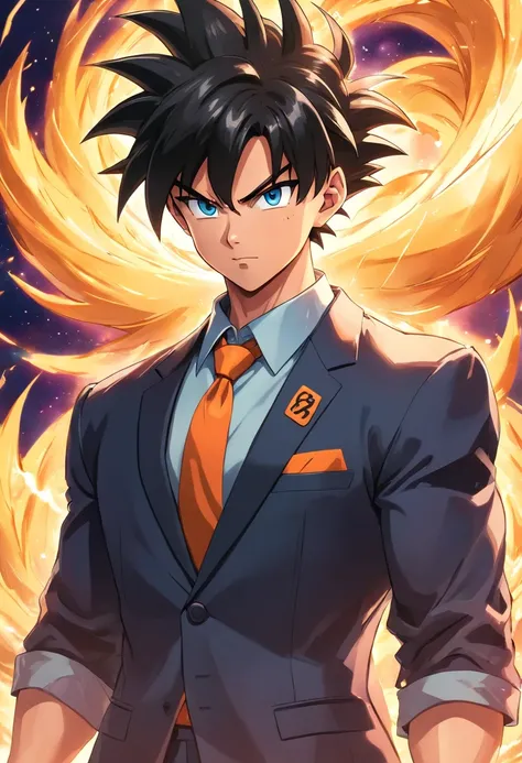 Goku wearing a black suit, Male, Dragon Ball Z, party hall, illustration, ultra-detailed, realistic:1.37, vibrant colors, dynamic lighting, portraits, anime style, glossy, dark shadows, confident posture, intense gaze, colorful energy aura, extravagant dec...