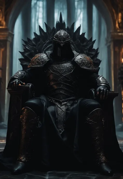 A monster dressed in black armor, representing all the darkness and fear in the world, sitting on a throne